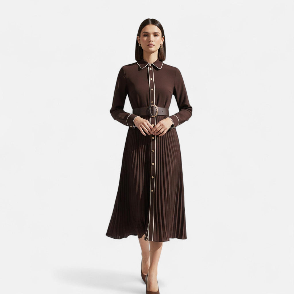 Chiffon Midi Dress for Women - Turn-Down Collar, Elegant Design for Casual or Formal Occasions