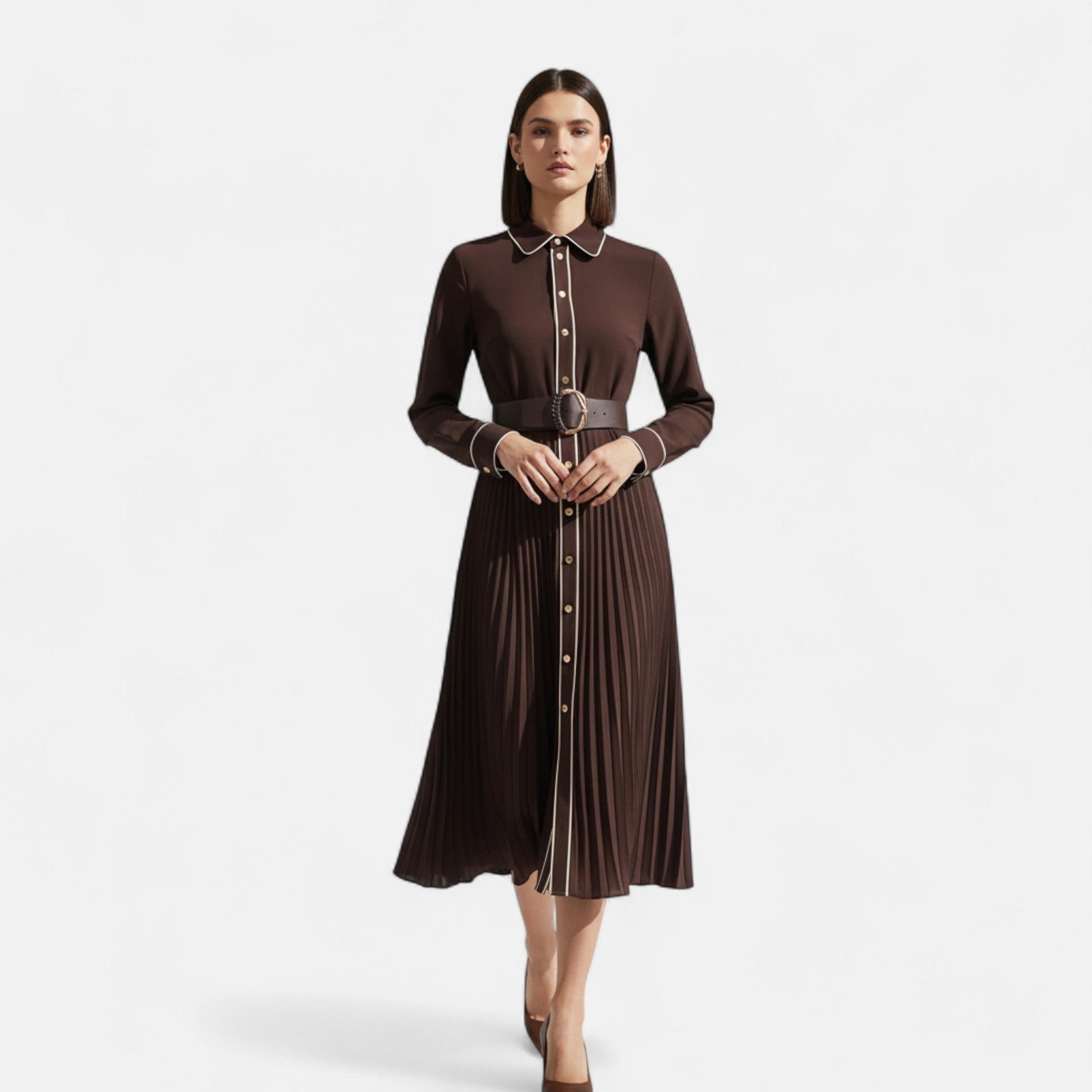 Chiffon Midi Dress for Women - Turn-Down Collar, Elegant Design for Casual or Formal Occasions