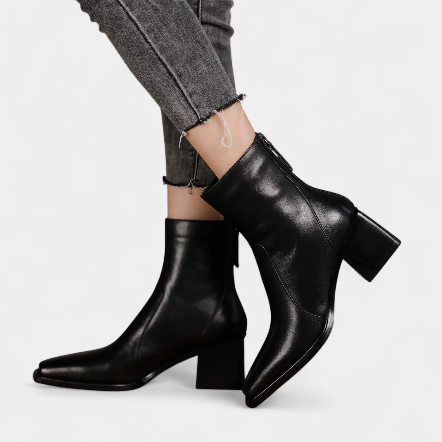 Leather Ankle Boots for Women with Squared Point and Block Heel - Stylish Footwear for Casual or Dressy Occasions