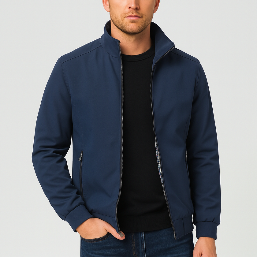 Men's Bomber Jacket with Checked Lining and Ribbed Trims for Casual Wear and Outdoor Activities