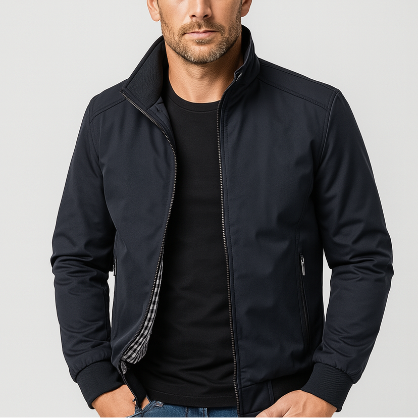 Men's Bomber Jacket with Checked Lining and Ribbed Trims for Casual Wear and Outdoor Activities
