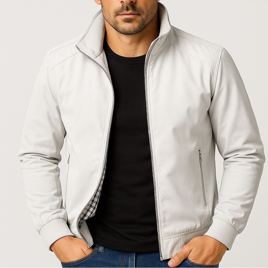 Men's Bomber Jacket with Checked Lining and Ribbed Trims for Casual Wear and Outdoor Activities