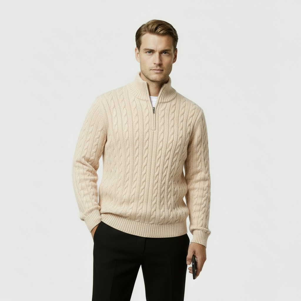 Men's Cable Knit Jumper - Cozy Quarter Zip Sweater for Casual Wear - Warm Knit Fabric