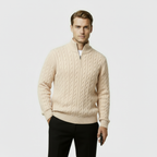 Men's Cable Knit Jumper - Cozy Quarter Zip Sweater for Casual Wear - Warm Knit Fabric