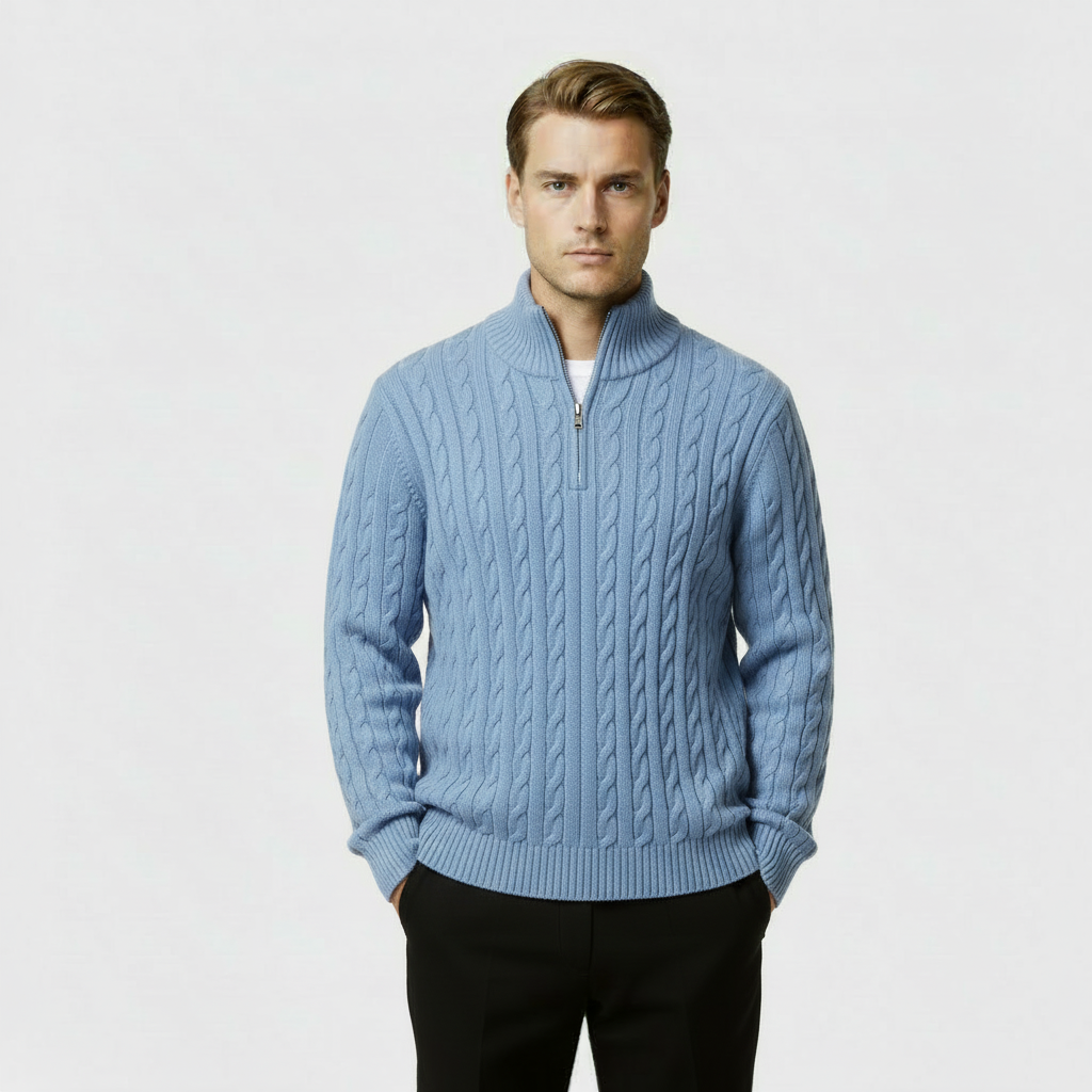 Men's Cable Knit Jumper - Cozy Quarter Zip Sweater for Casual Wear - Warm Knit Fabric