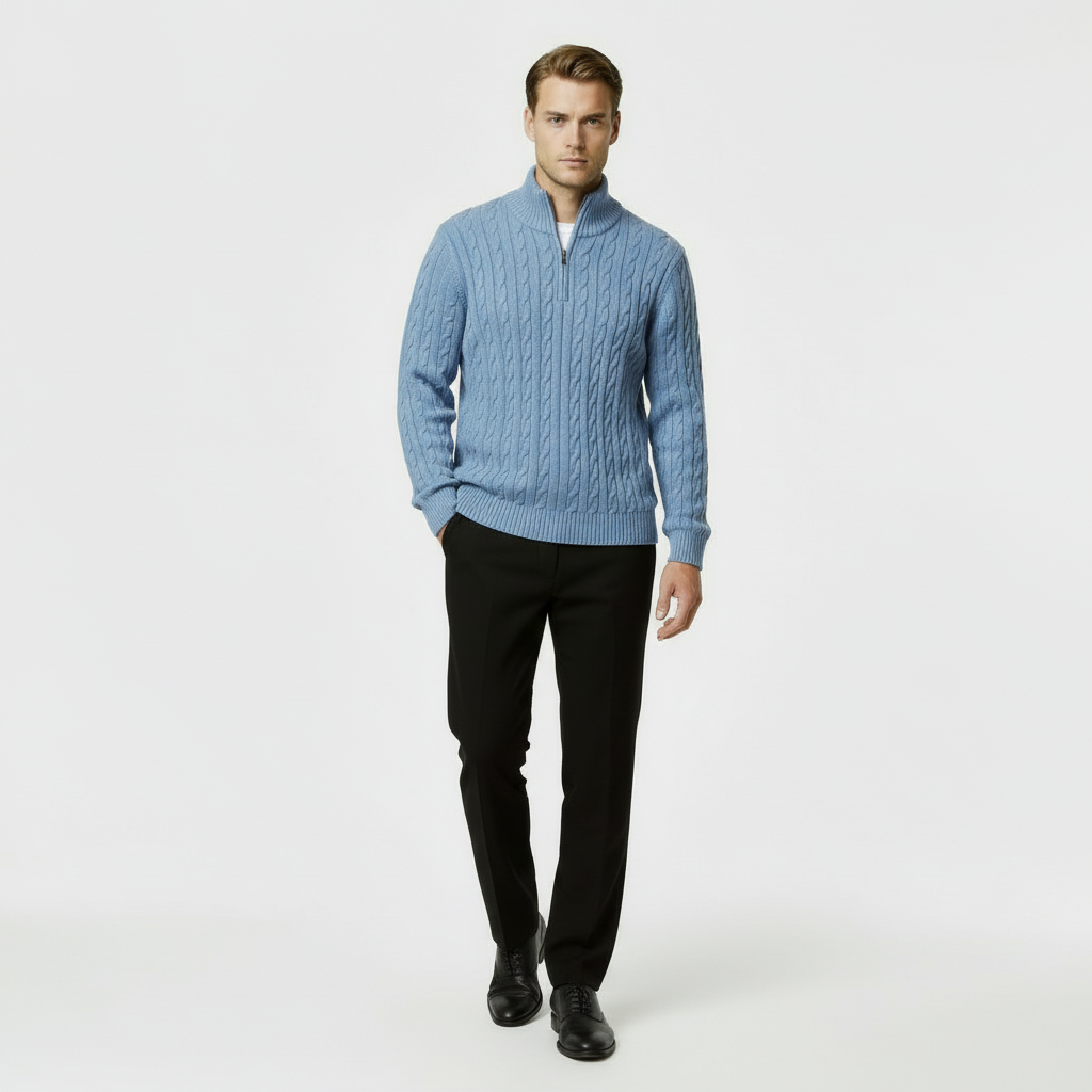 Men's Cable Knit Jumper - Cozy Quarter Zip Sweater for Casual Wear - Warm Knit Fabric