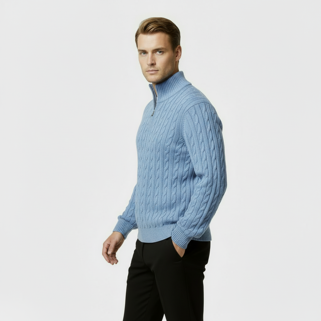 Men's Cable Knit Jumper - Cozy Quarter Zip Sweater for Casual Wear - Warm Knit Fabric