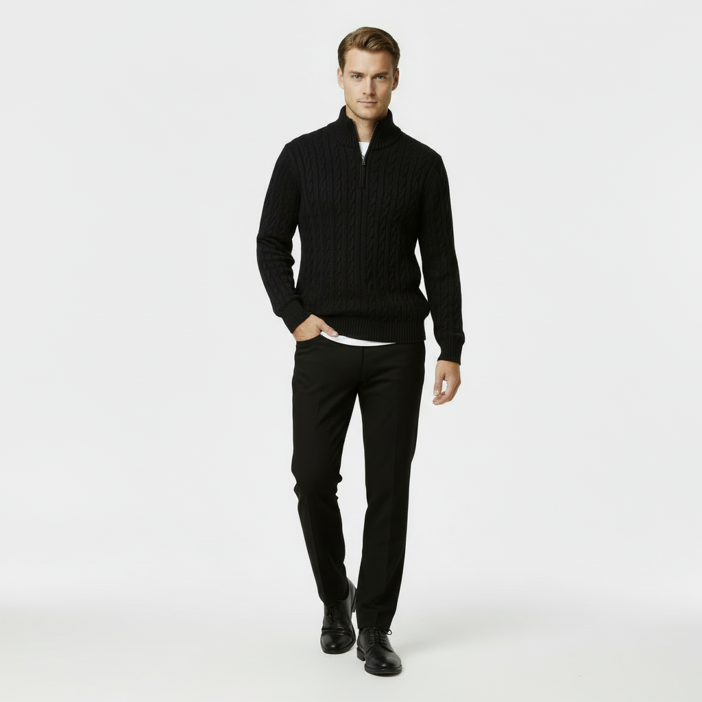 Men's Cable Knit Jumper - Cozy Quarter Zip Sweater for Casual Wear - Warm Knit Fabric