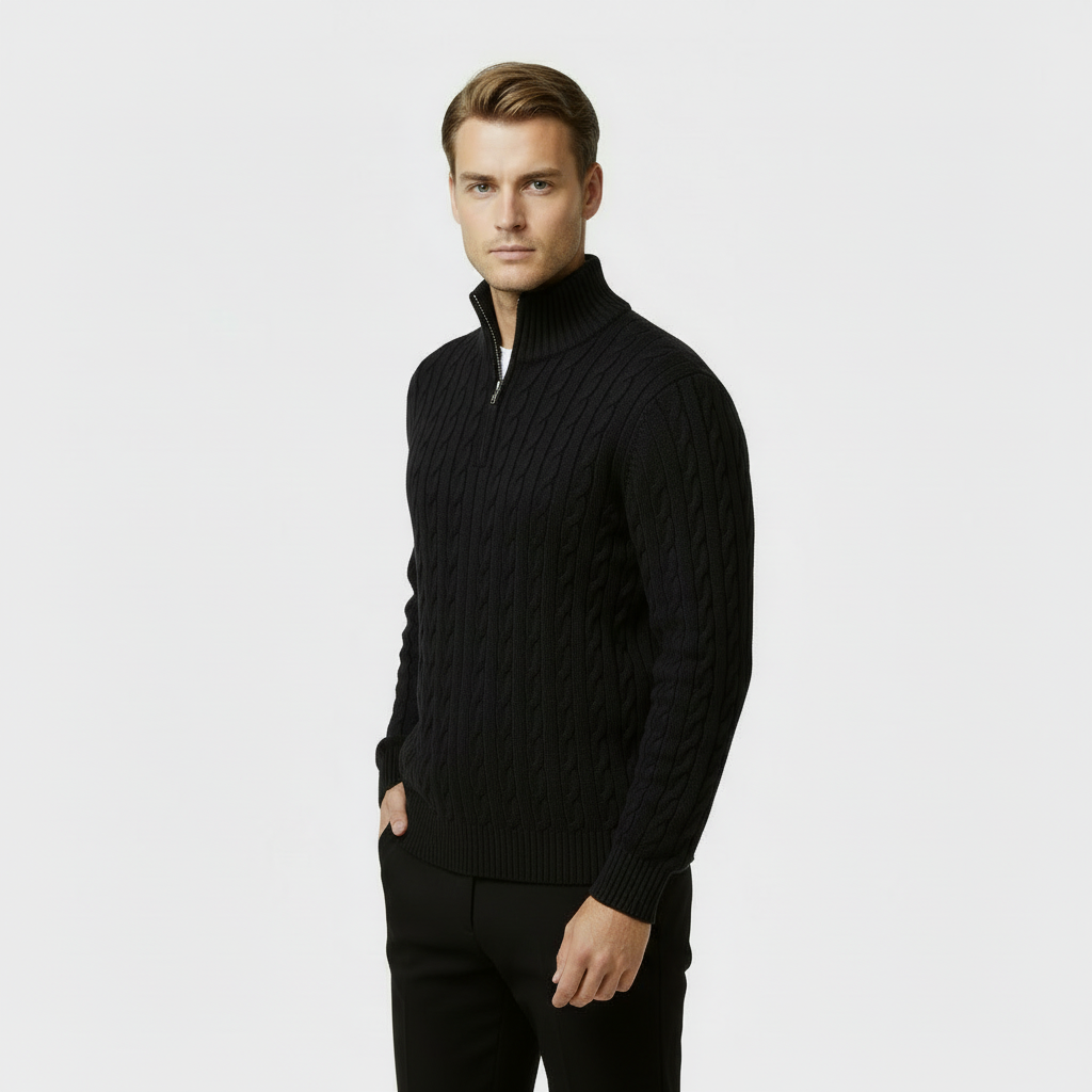 Men's Cable Knit Jumper - Cozy Quarter Zip Sweater for Casual Wear - Warm Knit Fabric