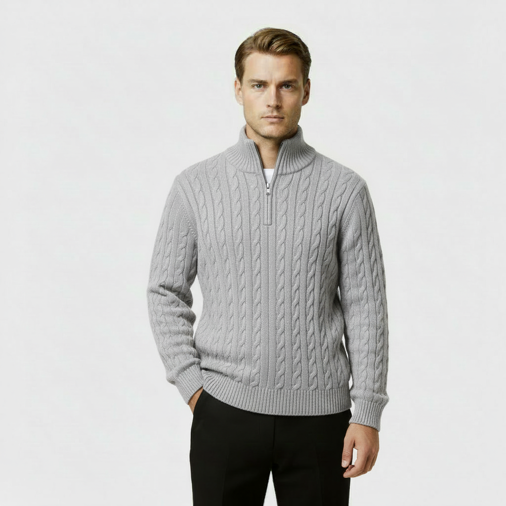 Men's Cable Knit Jumper - Cozy Quarter Zip Sweater for Casual Wear - Warm Knit Fabric