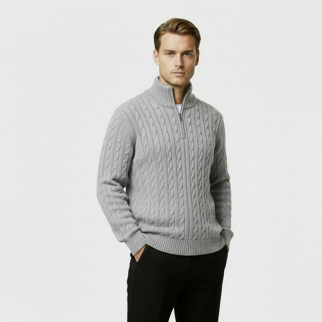Men's Cable Knit Jumper - Cozy Quarter Zip Sweater for Casual Wear - Warm Knit Fabric
