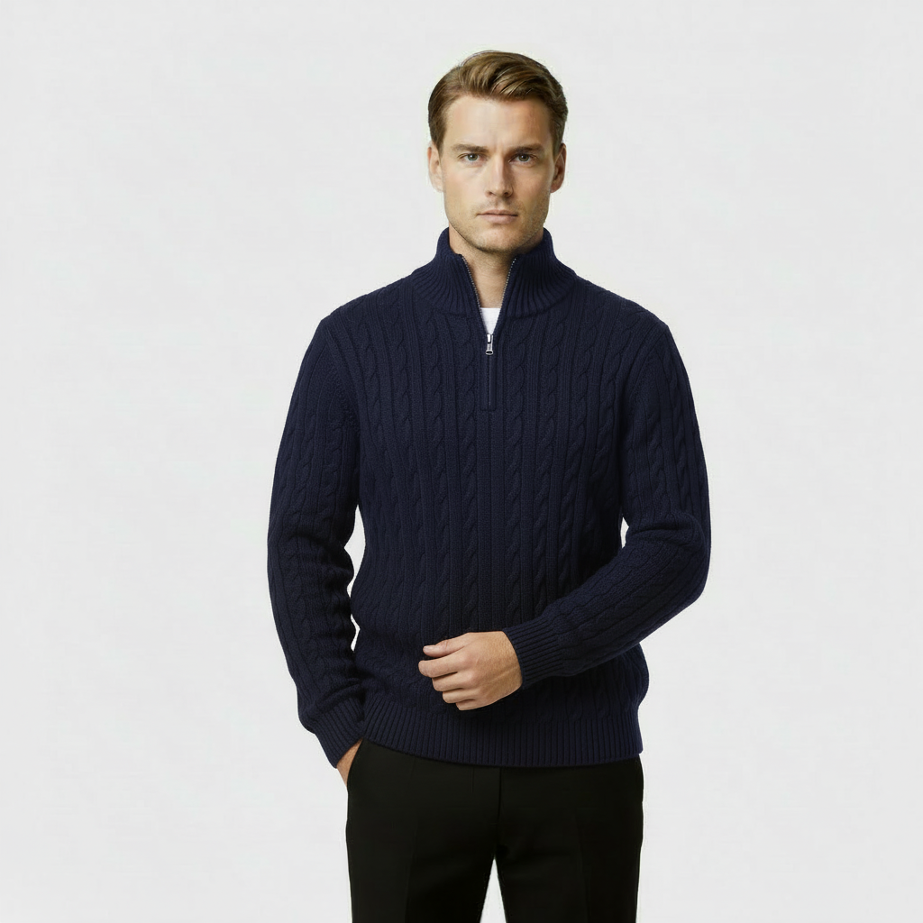 Men's Cable Knit Jumper - Cozy Quarter Zip Sweater for Casual Wear - Warm Knit Fabric