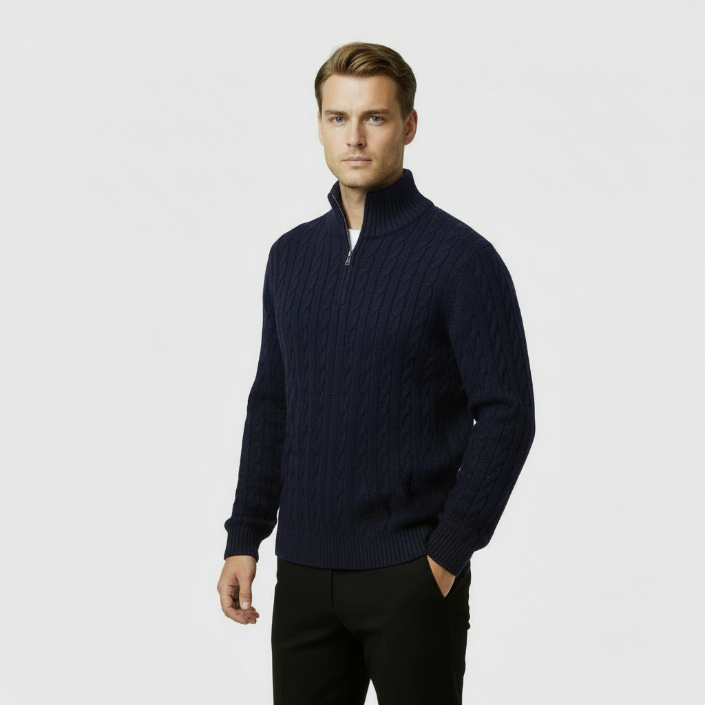 Men's Cable Knit Jumper - Cozy Quarter Zip Sweater for Casual Wear - Warm Knit Fabric