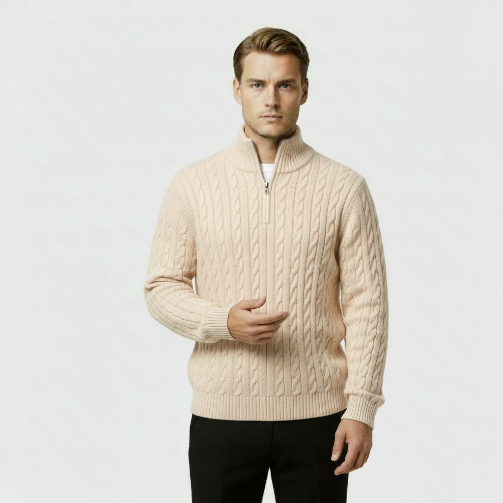 Men's Cable Knit Jumper - Cozy Quarter Zip Sweater for Casual Wear - Warm Knit Fabric
