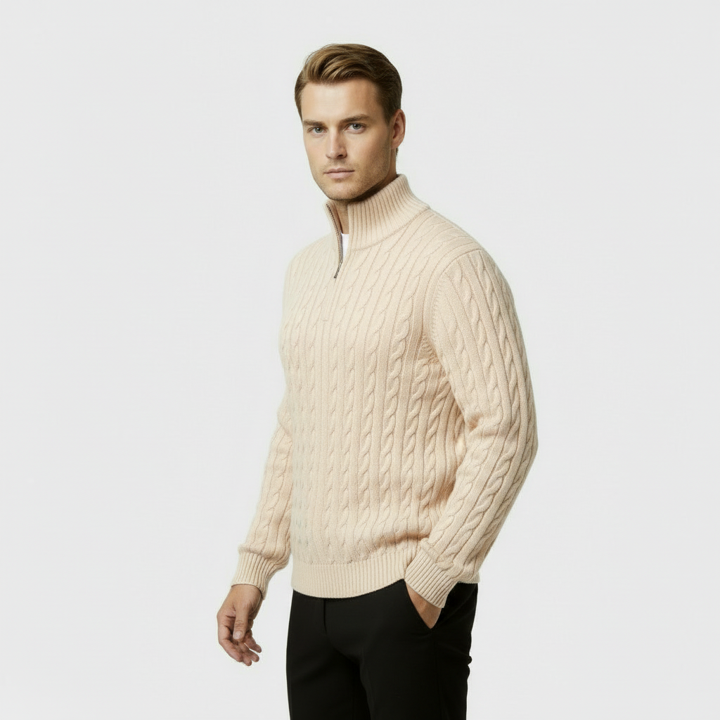 Men's Cable Knit Jumper - Cozy Quarter Zip Sweater for Casual Wear - Warm Knit Fabric