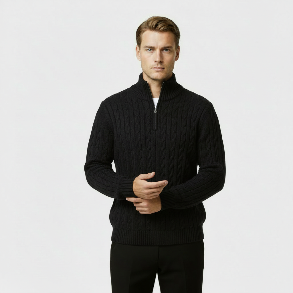 Men's Cable Knit Jumper - Cozy Quarter Zip Sweater for Casual Wear - Warm Knit Fabric