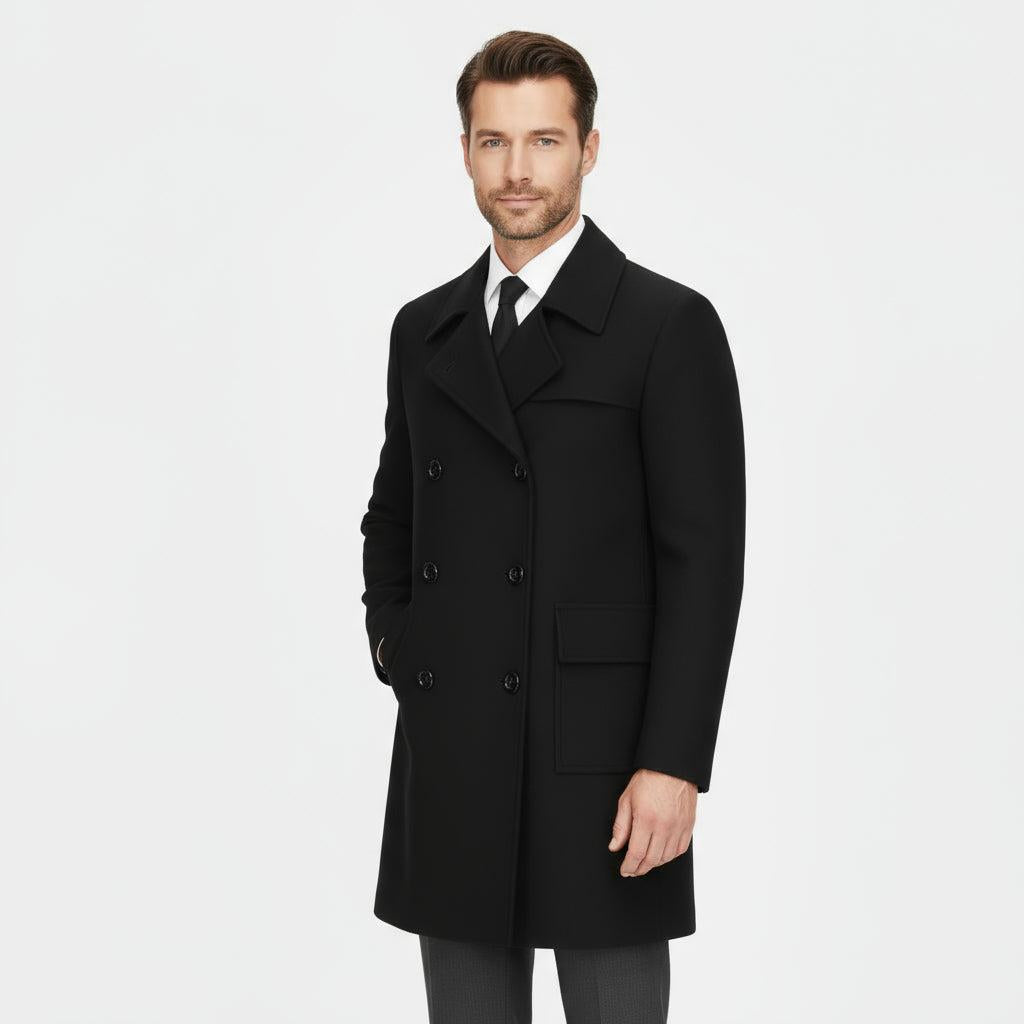 Men's Double-Breasted Wool Trench Overcoat - Classic Winter Coat for Formal and Casual Wear
