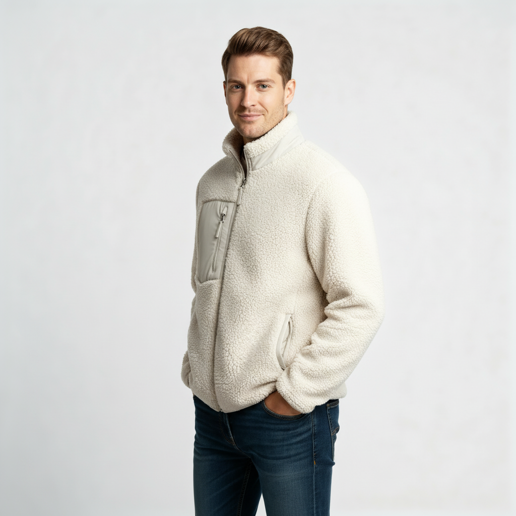 Men's Full-Zip Fleece Jacket - Warm Polyester Fabric - Casual Style - Ideal for Outdoor Activities and Everyday Wear