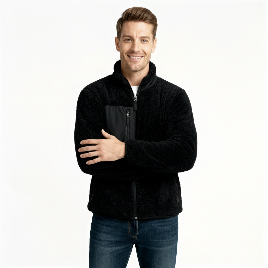 Men's Full-Zip Fleece Jacket - Warm Polyester Fabric - Casual Style - Ideal for Outdoor Activities and Everyday Wear