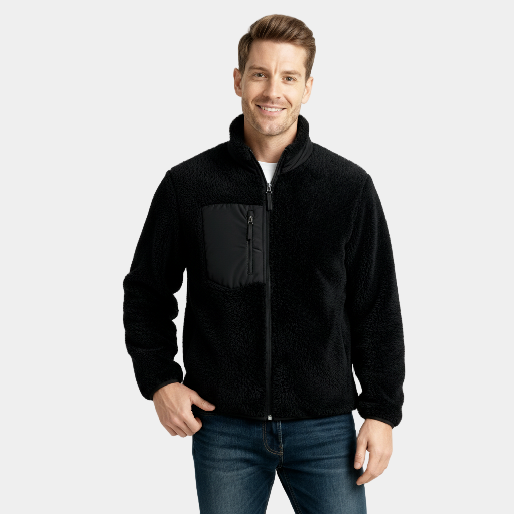 Men's Full-Zip Fleece Jacket - Warm Polyester Fabric - Casual Style - Ideal for Outdoor Activities and Everyday Wear