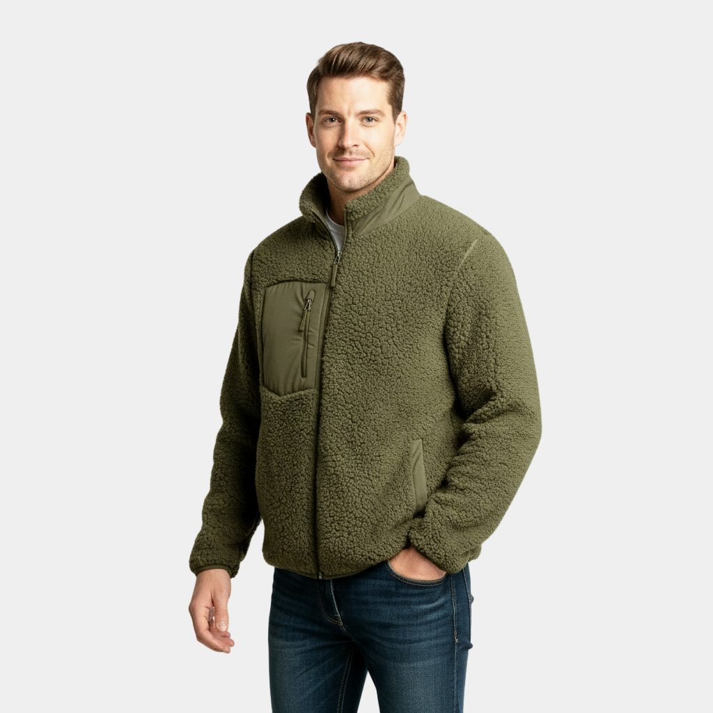 Men's Full-Zip Fleece Jacket - Warm Polyester Fabric - Casual Style - Ideal for Outdoor Activities and Everyday Wear