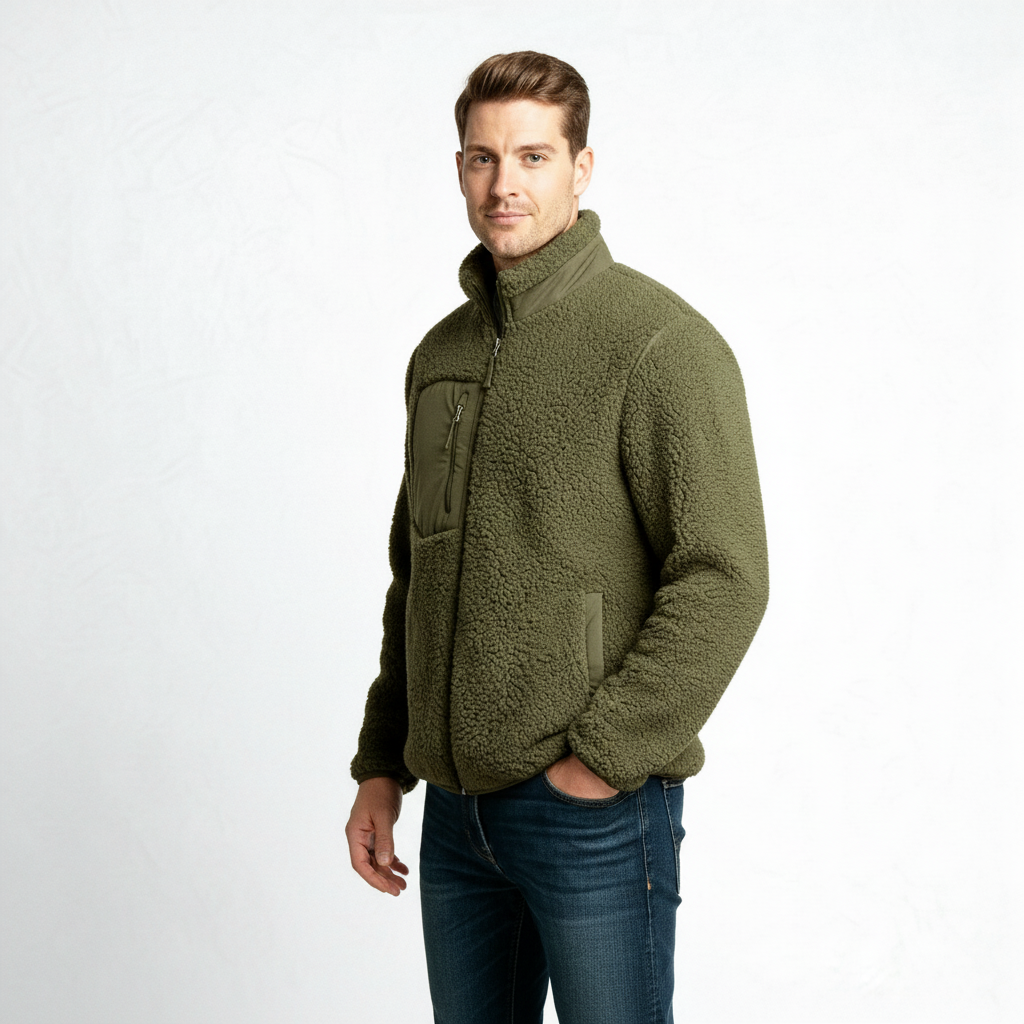 Men's Full-Zip Fleece Jacket - Warm Polyester Fabric - Casual Style - Ideal for Outdoor Activities and Everyday Wear