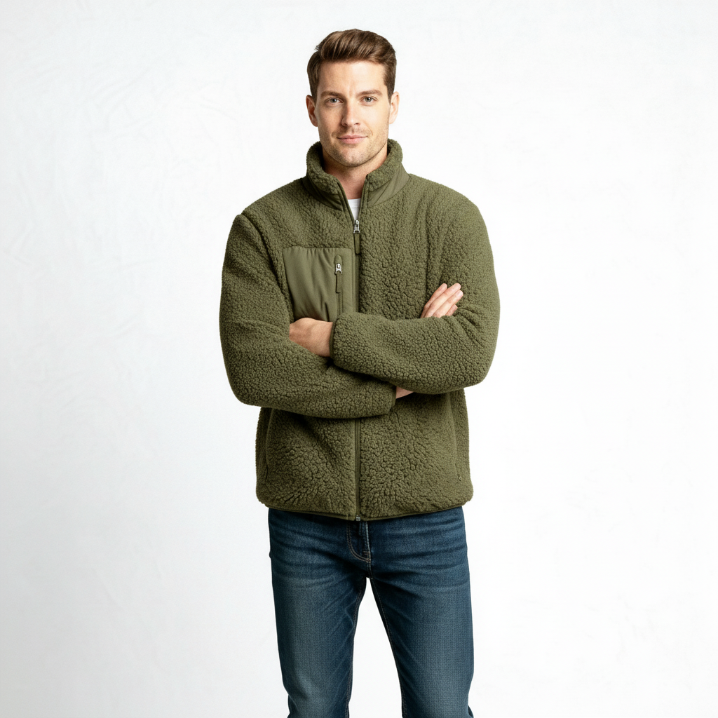 Men's Full-Zip Fleece Jacket - Warm Polyester Fabric - Casual Style - Ideal for Outdoor Activities and Everyday Wear
