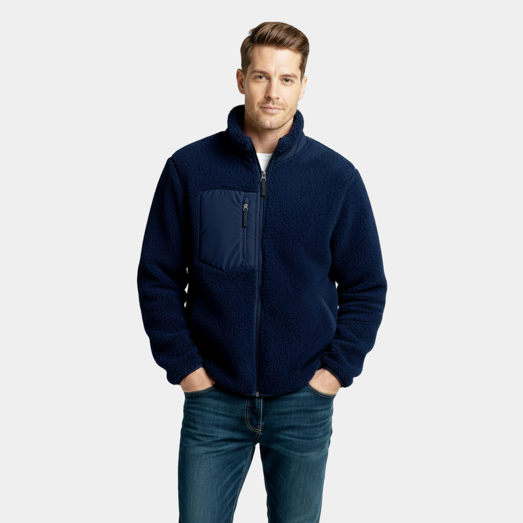 Men's Full-Zip Fleece Jacket - Warm Polyester Fabric - Casual Style - Ideal for Outdoor Activities and Everyday Wear