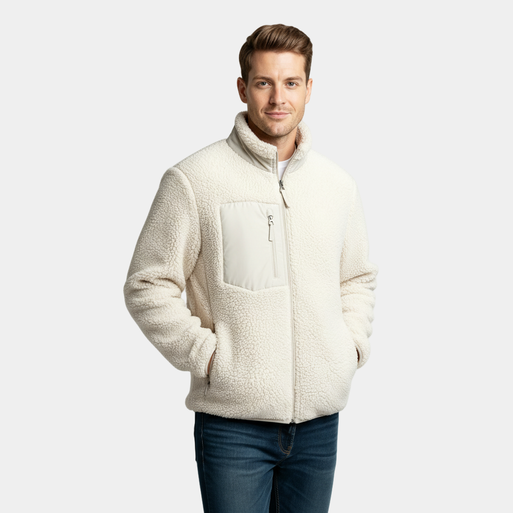 Men's Full-Zip Fleece Jacket - Warm Polyester Fabric - Casual Style - Ideal for Outdoor Activities and Everyday Wear