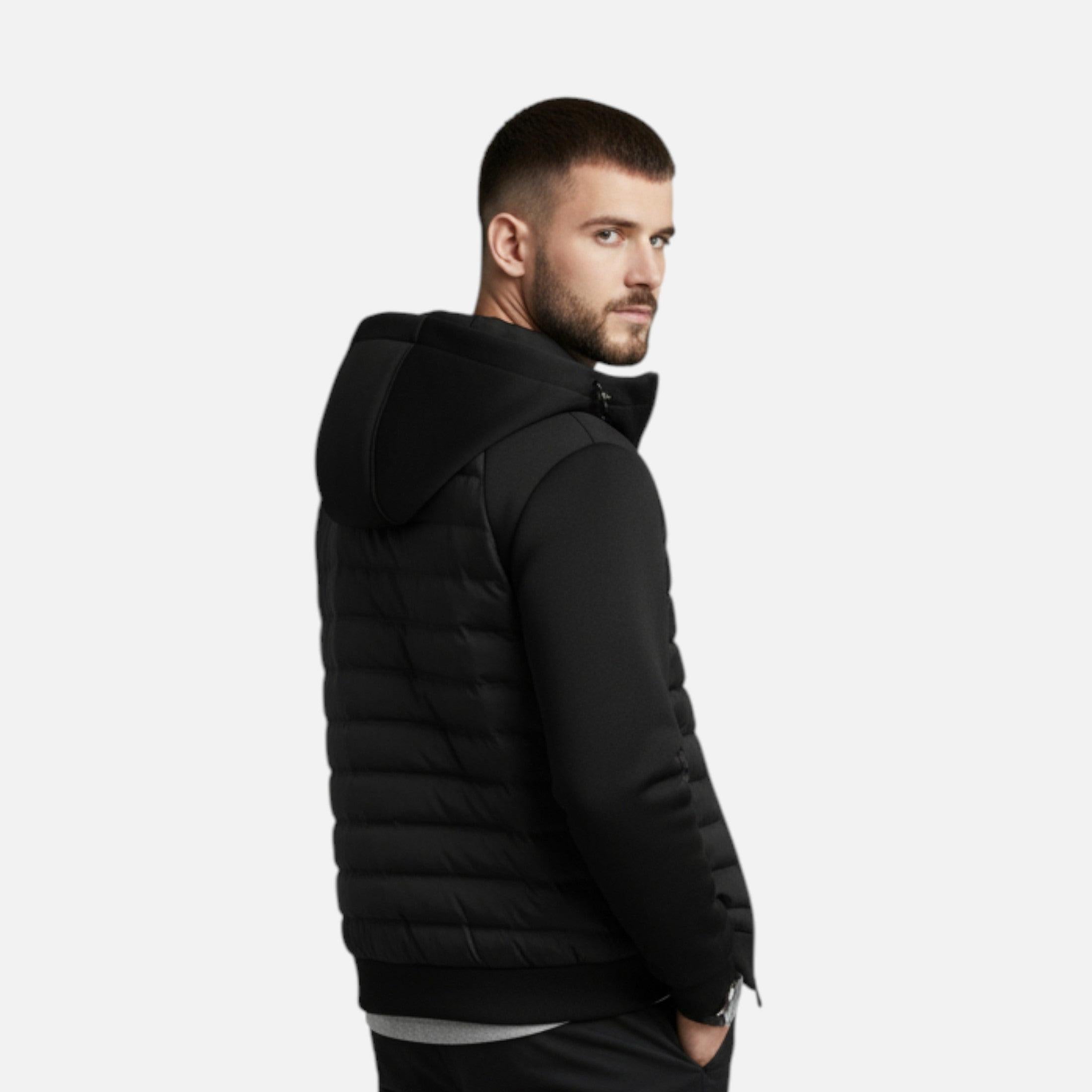 Men's Hooded Down Jacket - Spliced Quilted Design for Cold Weather Wear