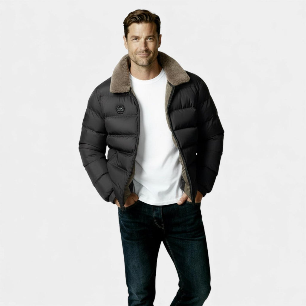 Men's Insulated Puffer Jacket with Sherpa Collar - Warm Winter Outerwear for Cold Weather Activities