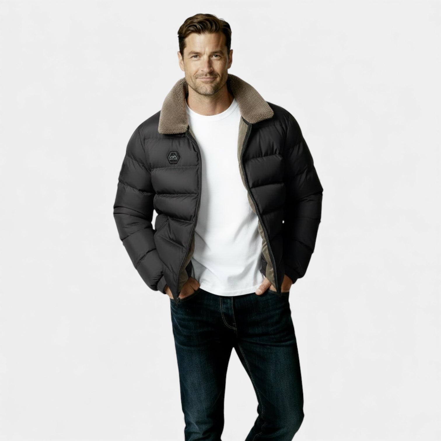 Men's Insulated Puffer Jacket with Sherpa Collar - Warm Winter Outerwear for Cold Weather Activities