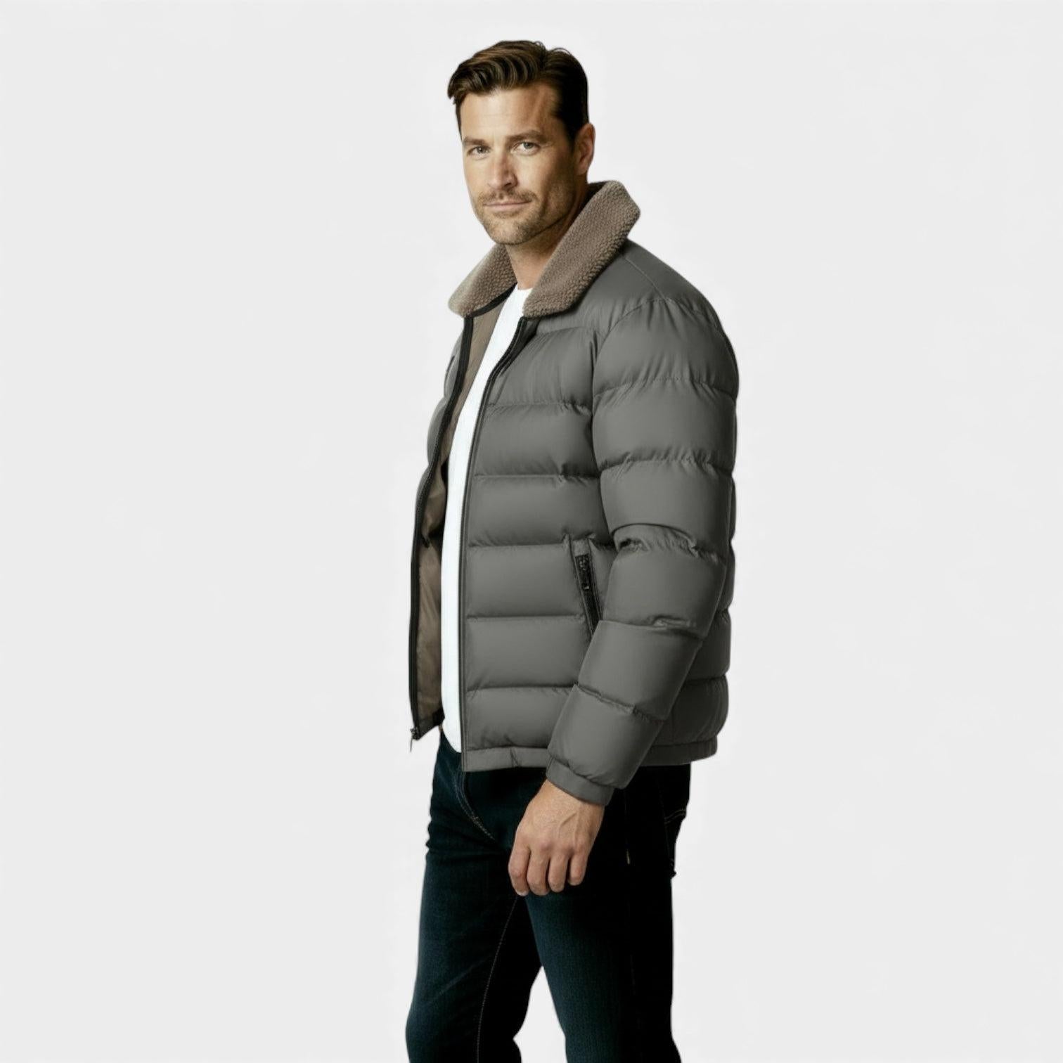 Men's Insulated Puffer Jacket with Sherpa Collar - Warm Winter Outerwear for Cold Weather Activities