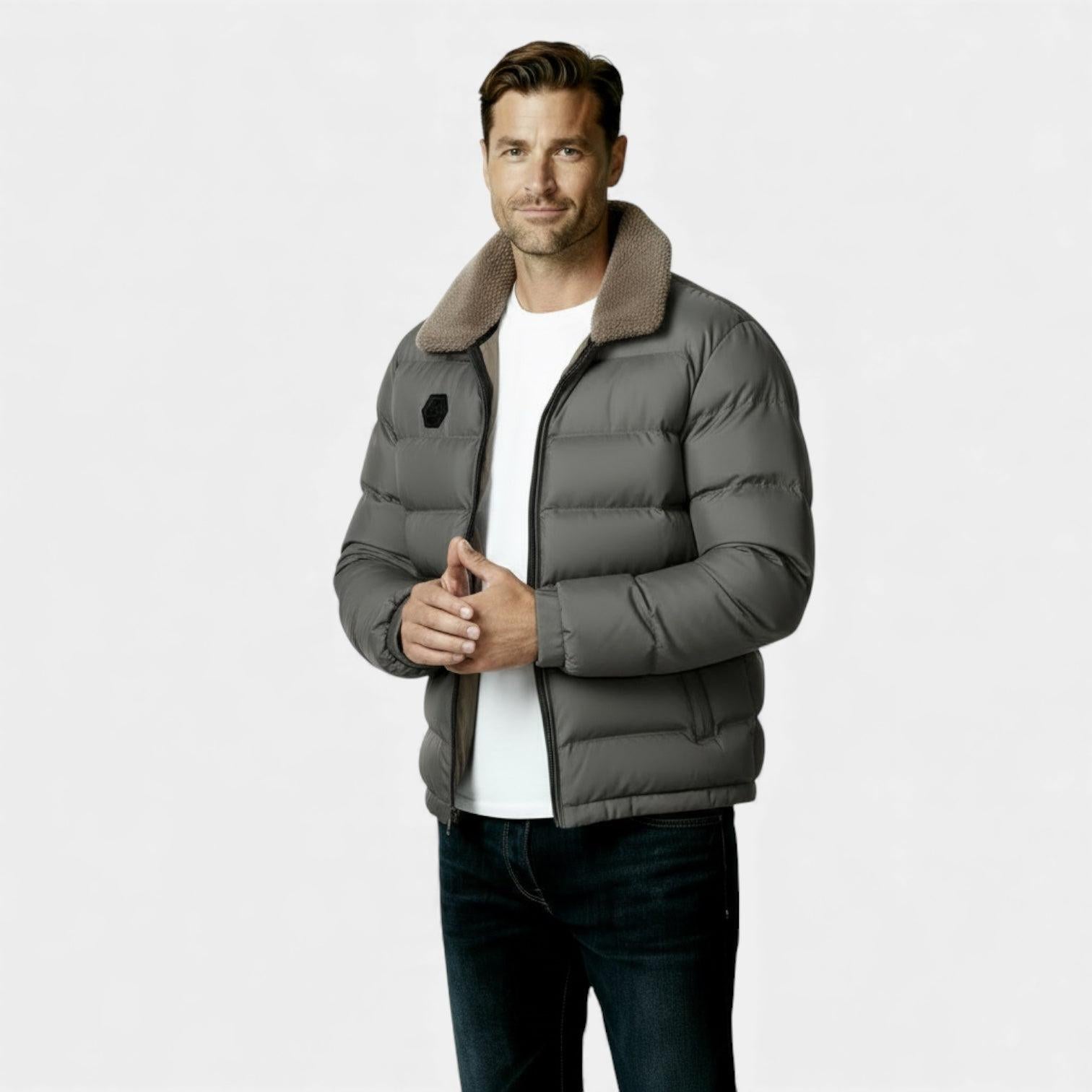 Men's Insulated Puffer Jacket with Sherpa Collar - Warm Winter Outerwear for Cold Weather Activities