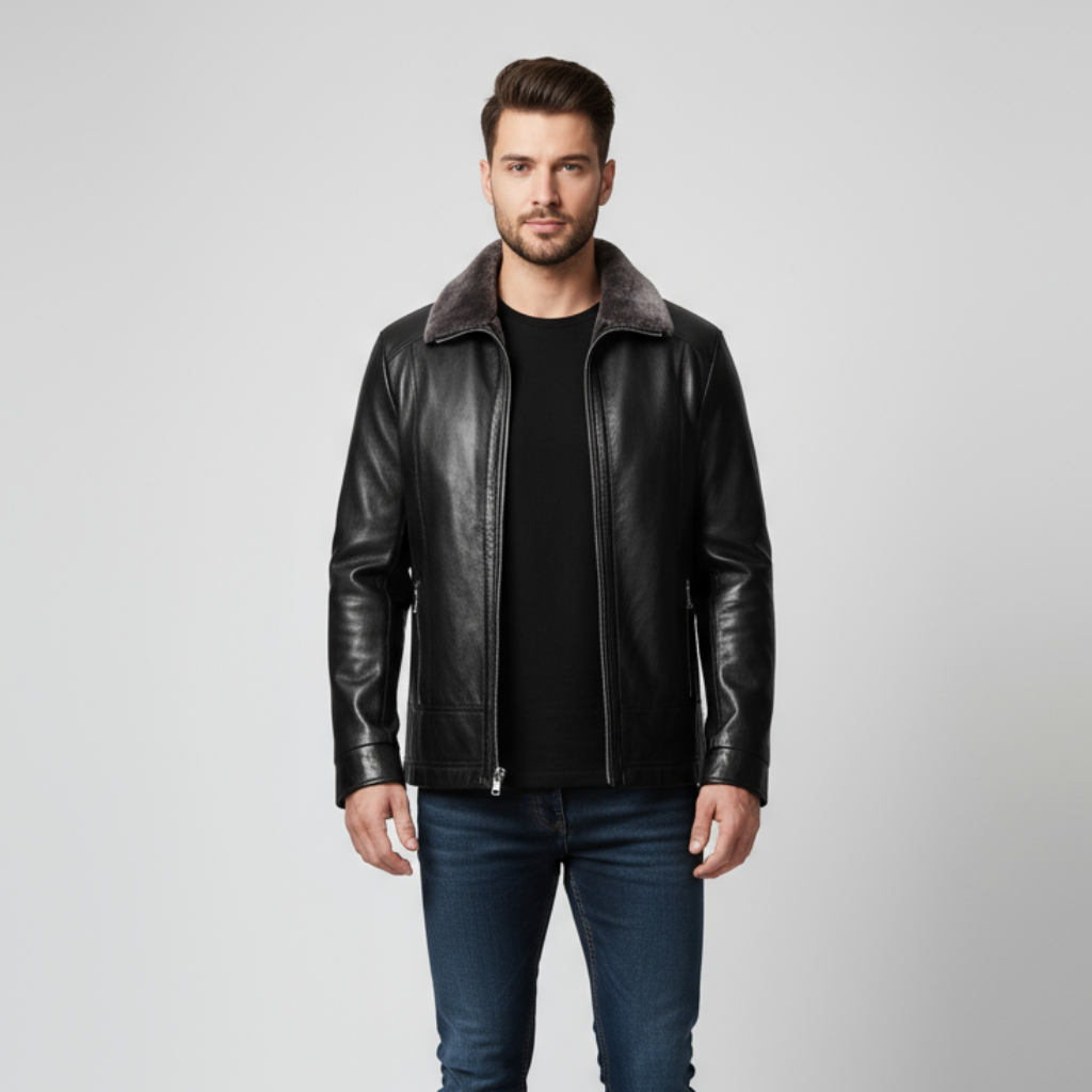 Men's Leather Biker Jacket with Fur Collar - Classic Motorcycle Style Outerwear for Casual and Riding Use