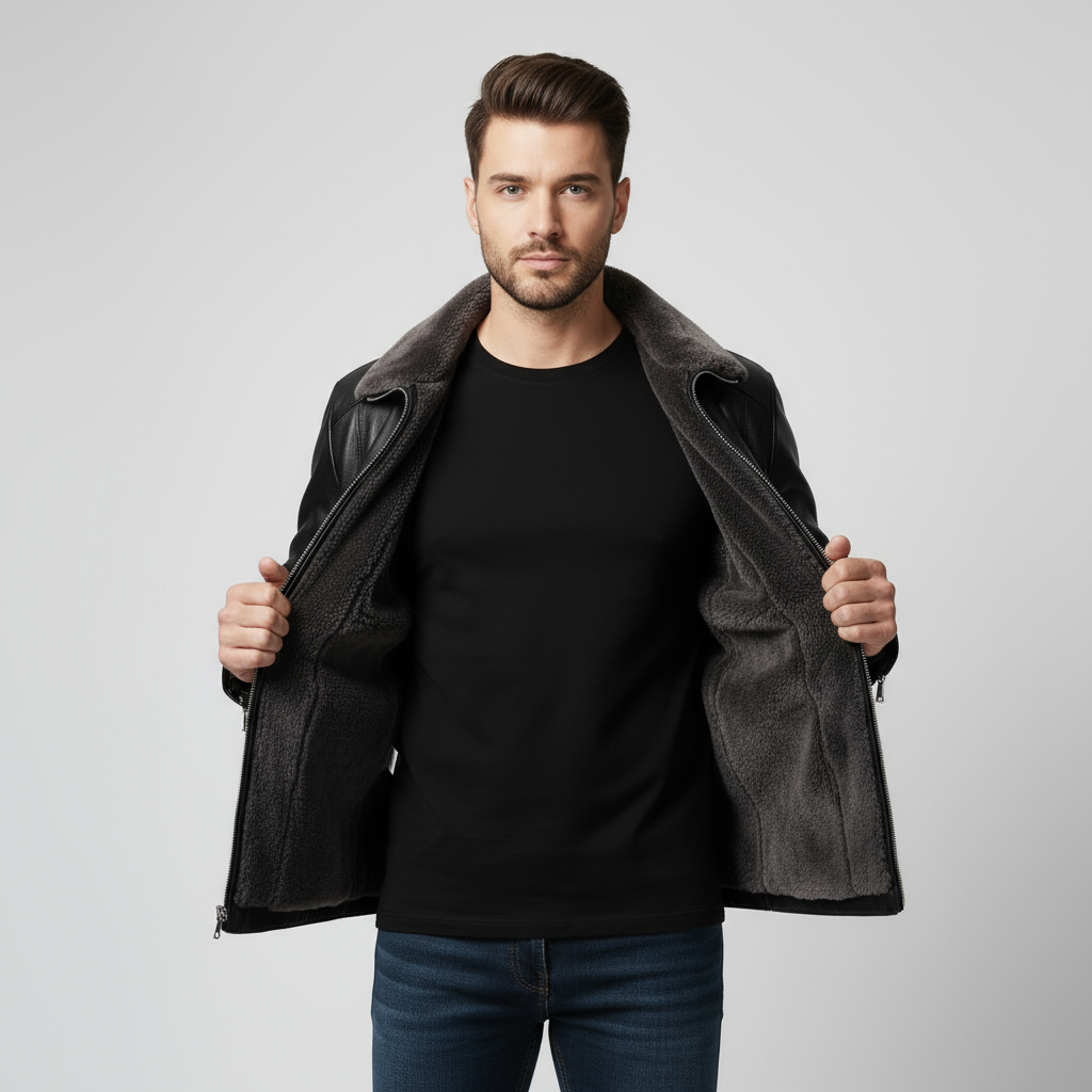 Men's Leather Biker Jacket with Fur Collar - Classic Motorcycle Style Outerwear for Casual and Riding Use