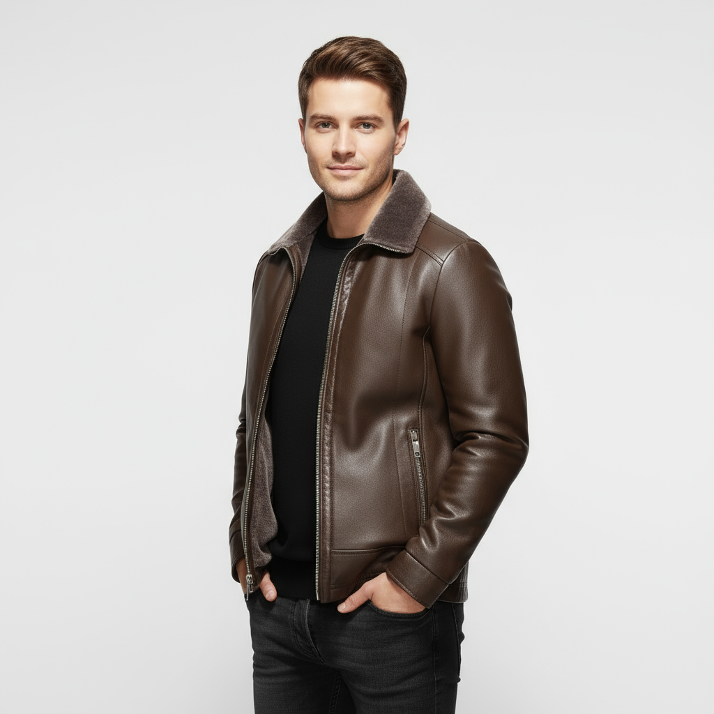 Men's Leather Biker Jacket with Fur Collar - Classic Motorcycle Style Outerwear for Casual and Riding Use