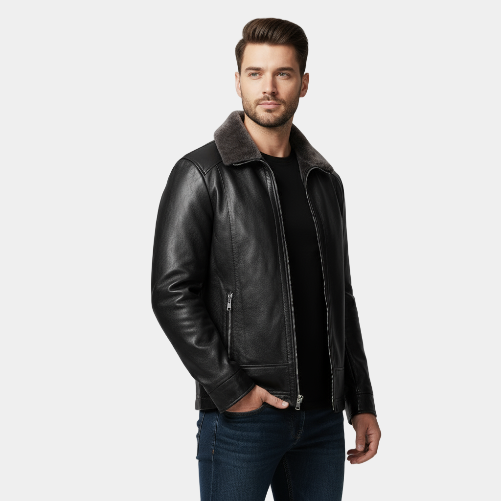 Men's Leather Biker Jacket with Fur Collar - Classic Motorcycle Style Outerwear for Casual and Riding Use
