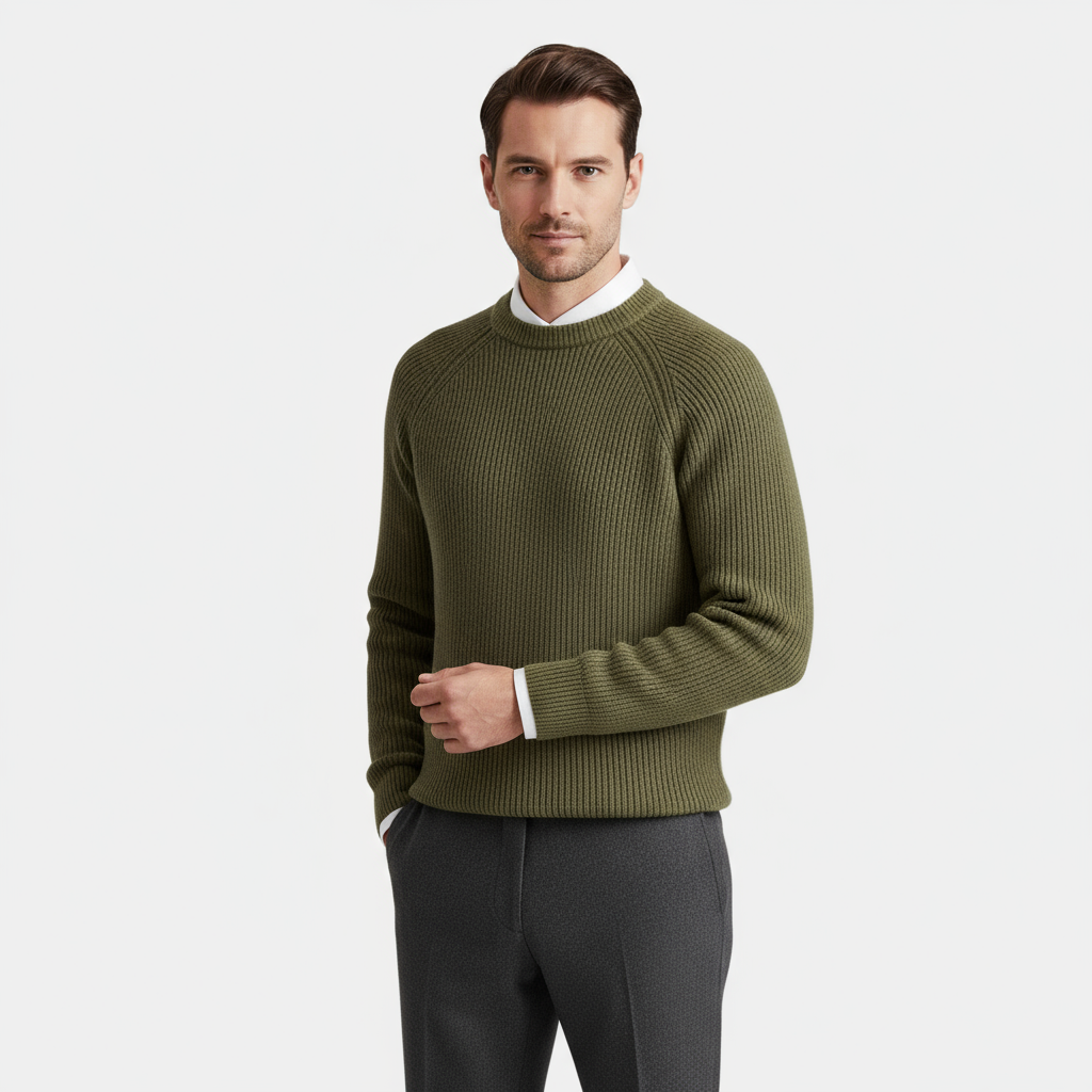 Men's Merino Wool Crew Neck Sweater - Raglan Sleeve Rib-Knit Jumper for Casual Wear