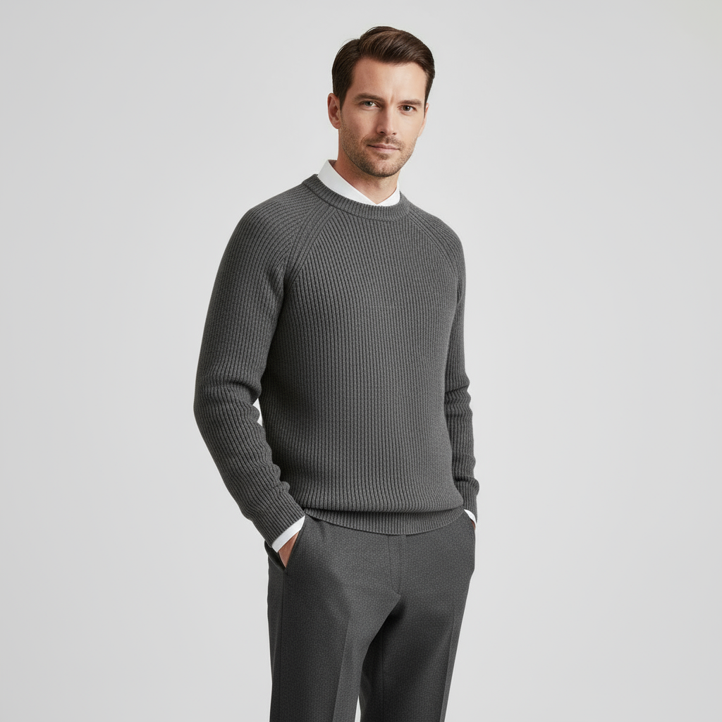 Men's Merino Wool Crew Neck Sweater - Raglan Sleeve Rib-Knit Jumper for Casual Wear