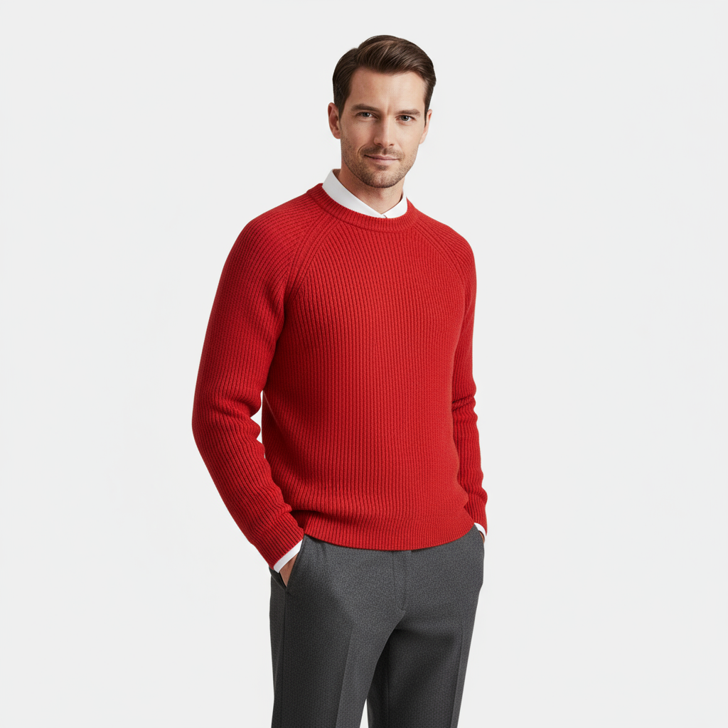 Men's Merino Wool Crew Neck Sweater - Raglan Sleeve Rib-Knit Jumper for Casual Wear
