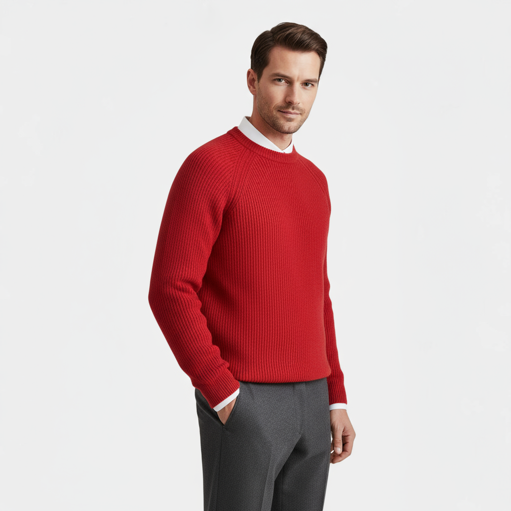 Men's Merino Wool Crew Neck Sweater - Raglan Sleeve Rib-Knit Jumper for Casual Wear