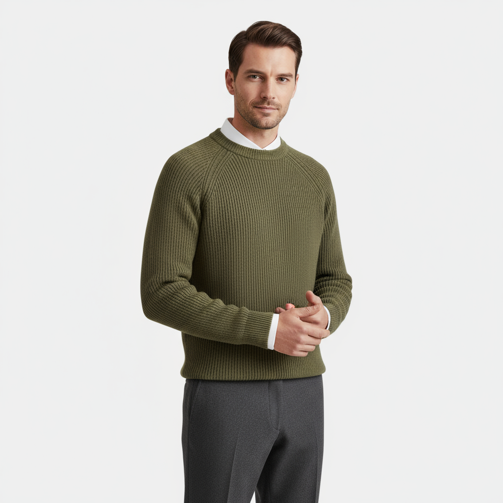 Men's Merino Wool Crew Neck Sweater - Raglan Sleeve Rib-Knit Jumper for Casual Wear