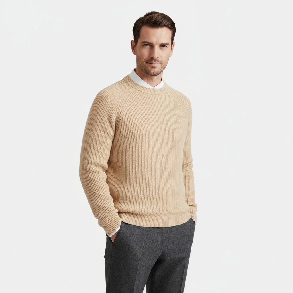 Men's Merino Wool Crew Neck Sweater - Raglan Sleeve Rib-Knit Jumper for Casual Wear