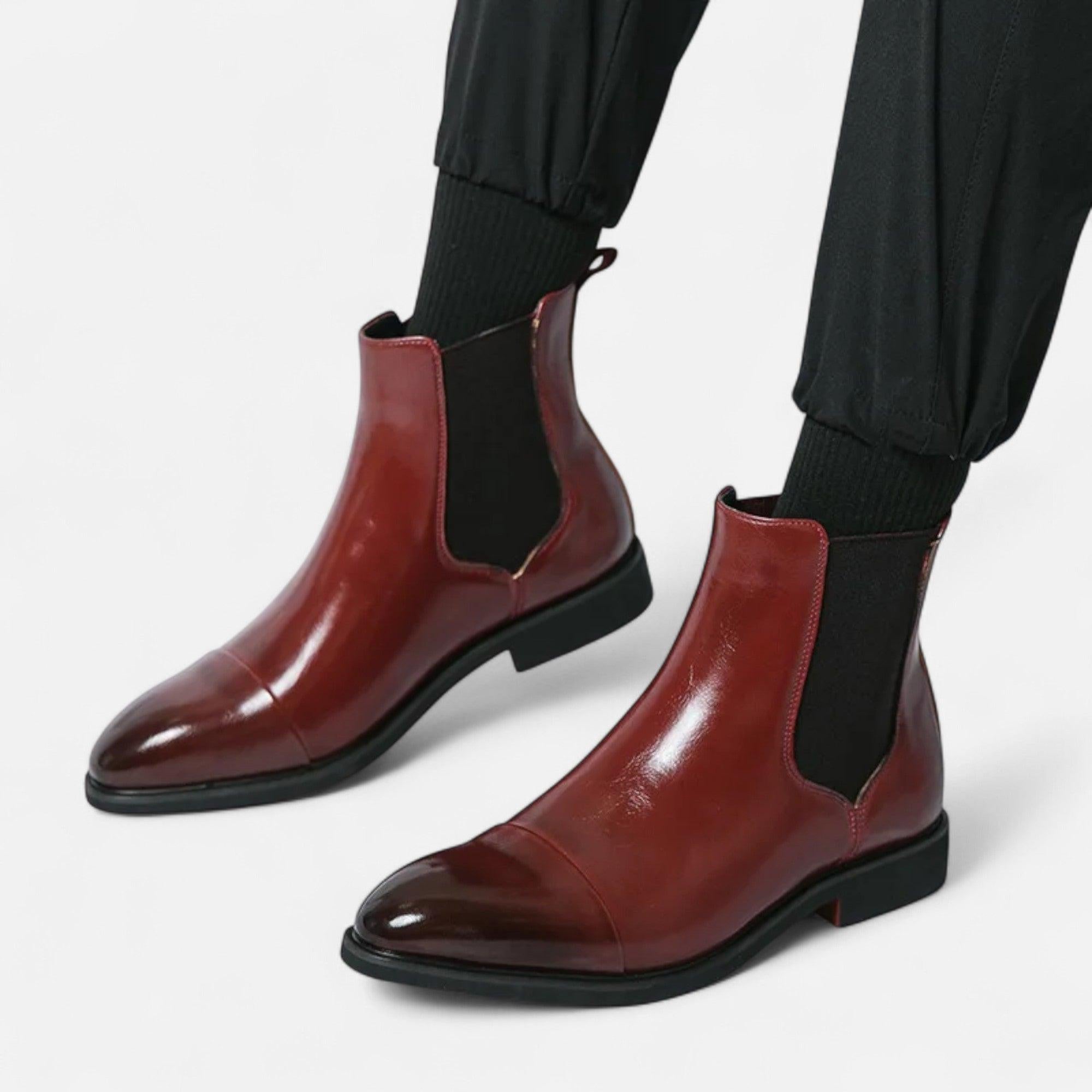 Men's Polished Black Chelsea Boots with Red Sole - Stylish Leather Footwear for Casual and Formal Occasions