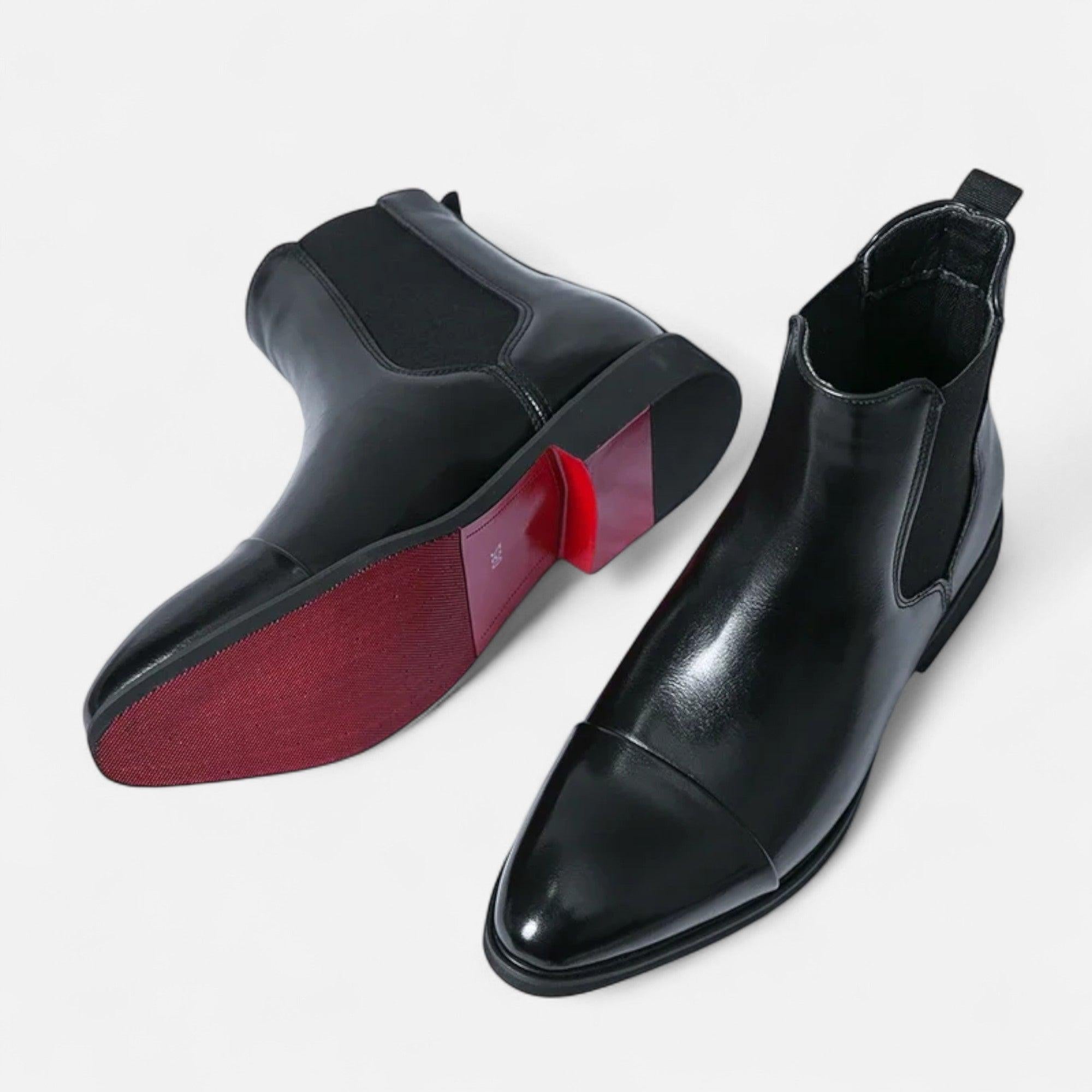Men's Polished Black Chelsea Boots with Red Sole - Stylish Leather Footwear for Casual and Formal Occasions