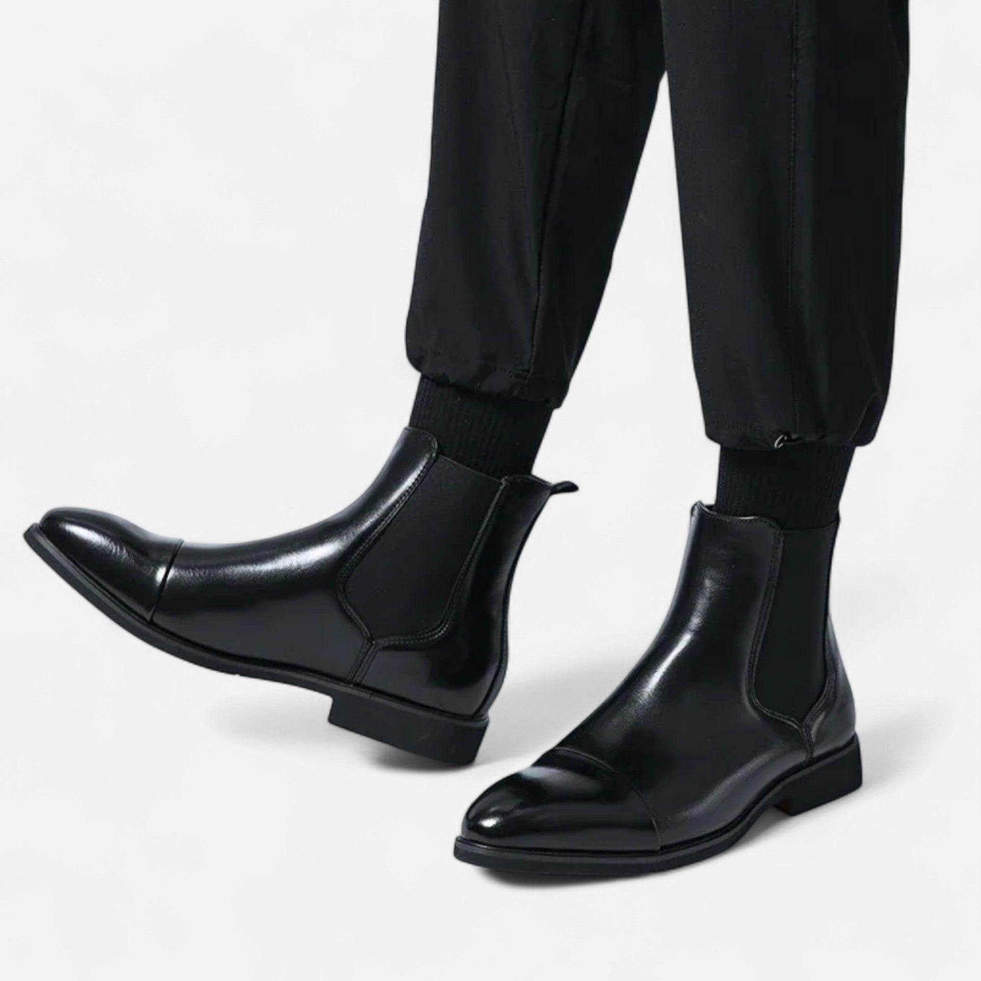 Men's Polished Black Chelsea Boots with Red Sole - Stylish Leather Footwear for Casual and Formal Occasions