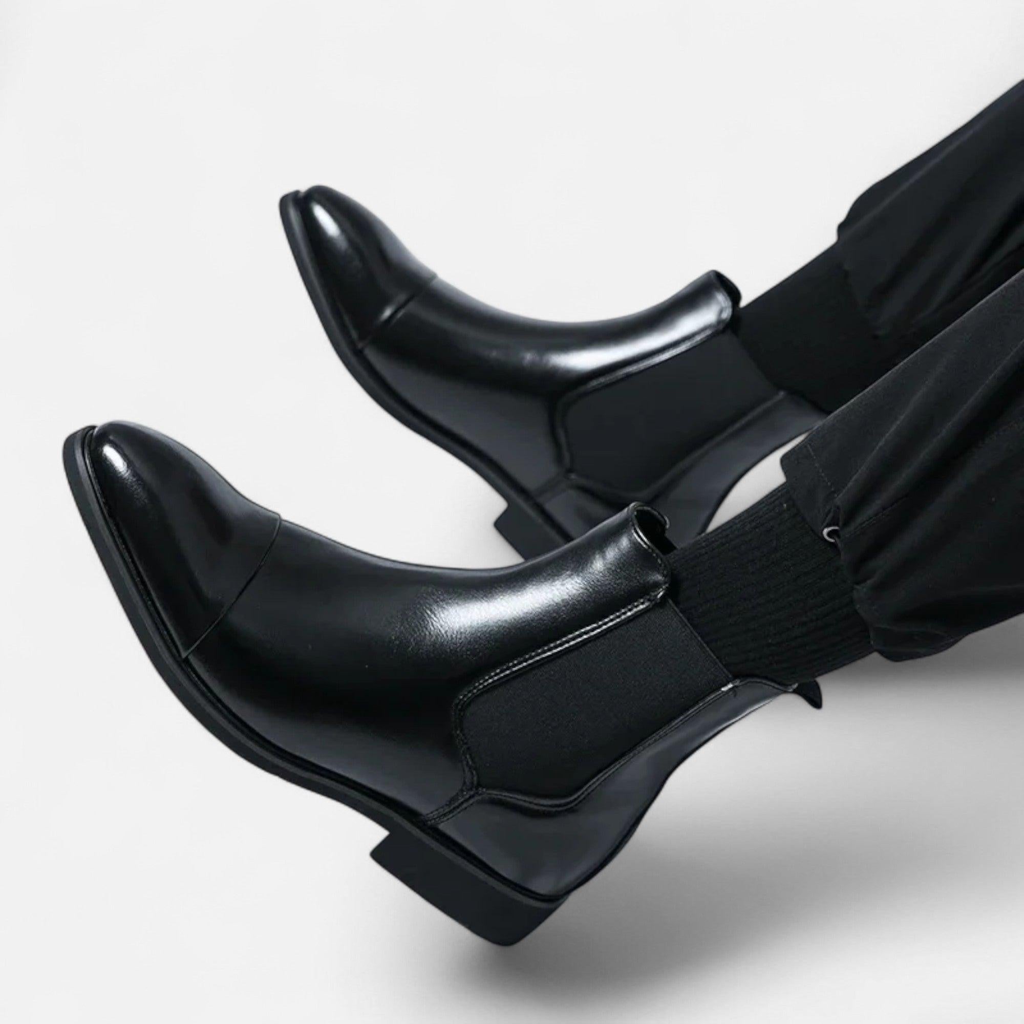 Men's Polished Black Chelsea Boots with Red Sole - Stylish Leather Footwear for Casual and Formal Occasions
