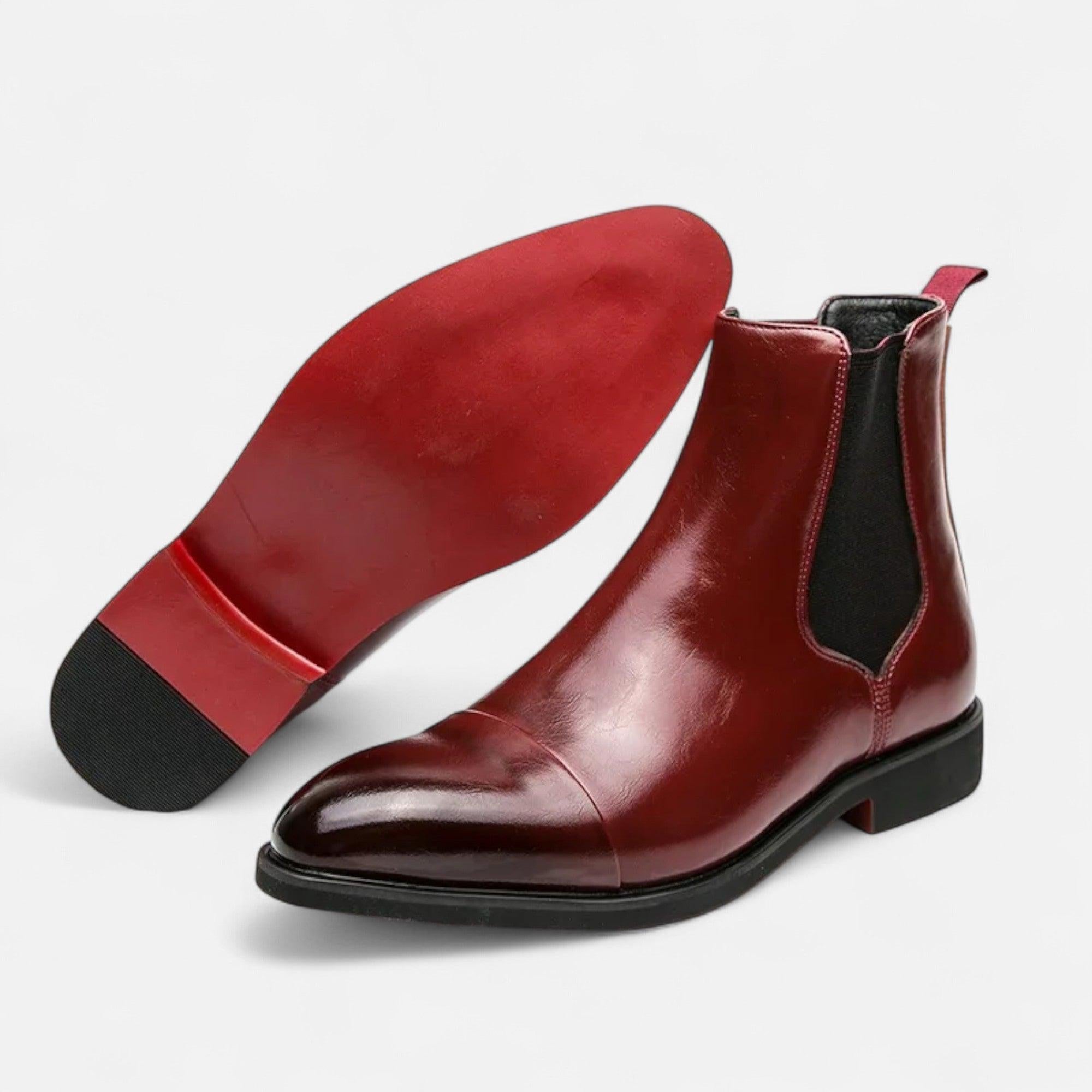 Men's Polished Black Chelsea Boots with Red Sole - Stylish Leather Footwear for Casual and Formal Occasions