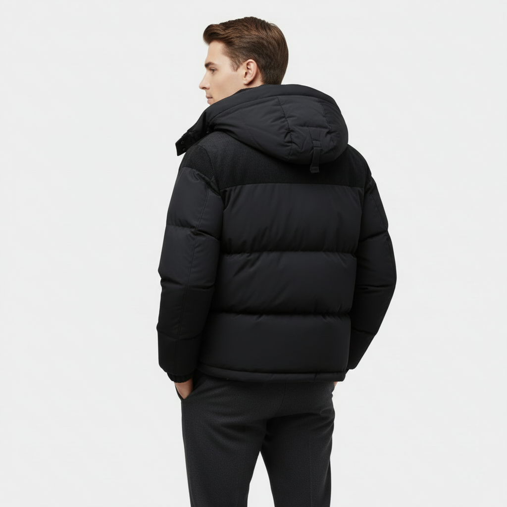 Men's Puffer Jacket with Corduroy Trim and Detachable Hood for Casual Wear and Outdoor Activities
